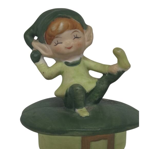 Vintage Ceramic Whimsical Elf Pixie Sitting On Green Hat Japan Christmas Decor - Picture 2 of 16